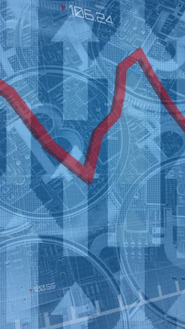 animación del procesamiento de datos financieros con líneas rojas y flechas que apuntan hacia arriba sobre los bitcoins