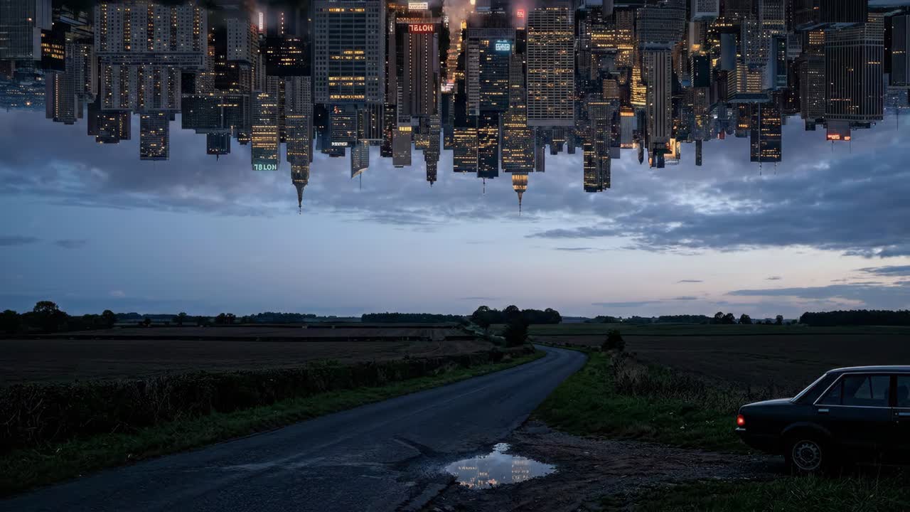 Surreal Upside-Down City Skyline Above a Rural Road at Dusk