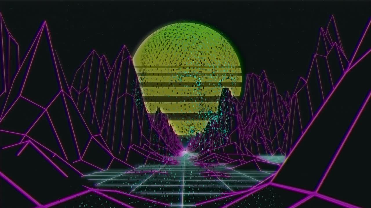 Animation of digital sun and mountains on black background