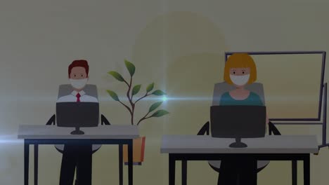 animation of light trails and icons over business people icons working at office