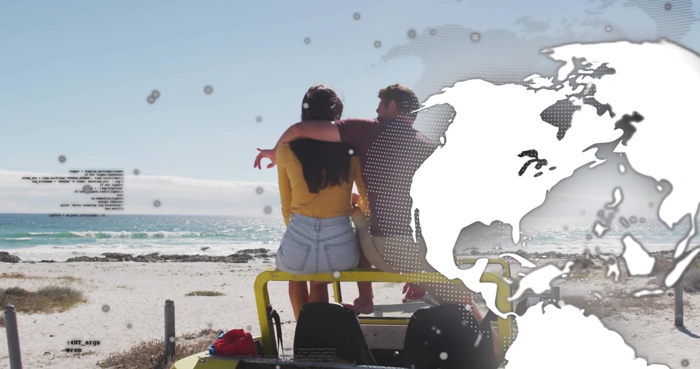 Video verticale: Un indicatore giallo che punta a sinistra fa girare una coppia in spiaggia su un buggy mentre il globo si muove