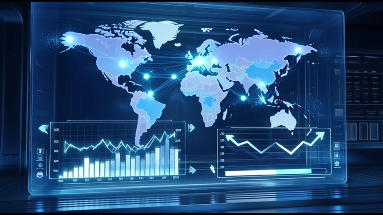Futuristic Digital Interface Displaying Global Data Analytics and World Map
