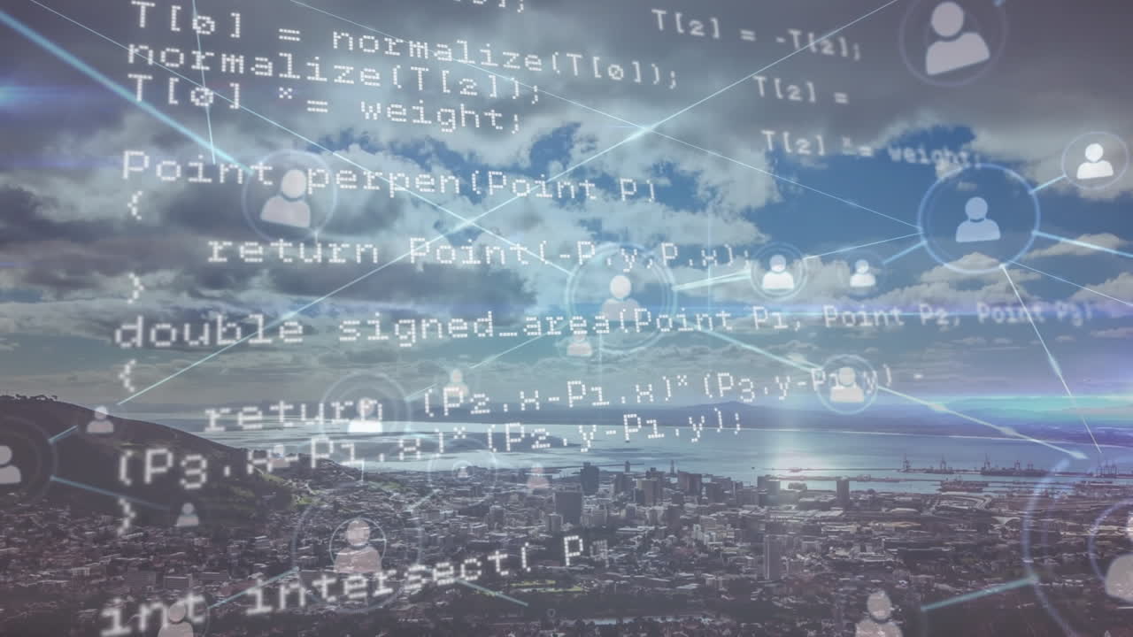 도시 풍경에 대한 연결 네트워크와 데이터 처리의 애니메이션