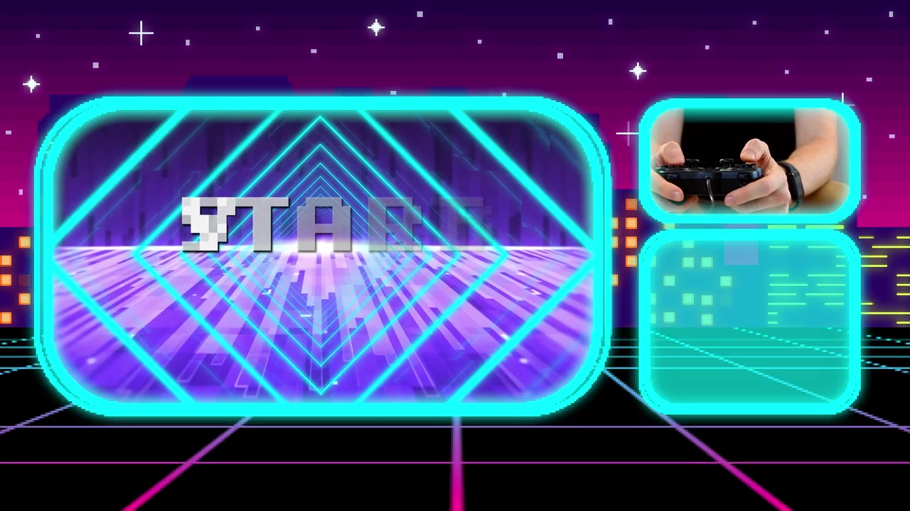 Schermata Iniziale di Videogioco in Stile Retrò Synthwave con Controller