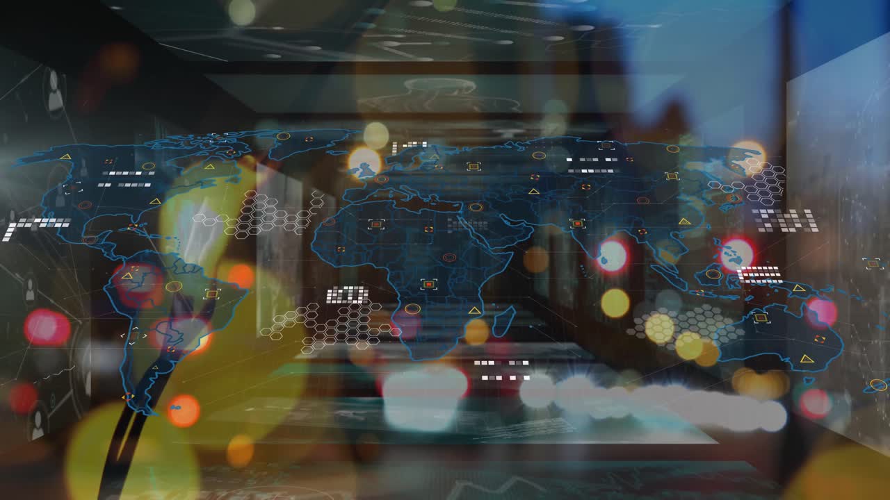 데이터 처리 및 도시 풍경에 대한 세계 지도의 애니메이션