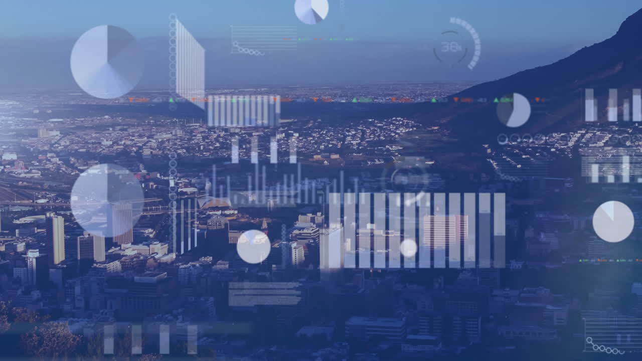 Animation of data processing over cityscape