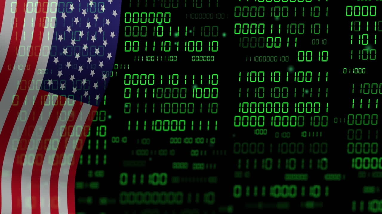 animación de código binario que superpone el fondo de la bandera estadounidense