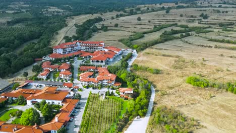 Aerial-drone-view-of-vineyard-agriculture-landscape-and-Wine-and-Spa-Complex-Starosel-in-Bulgaria