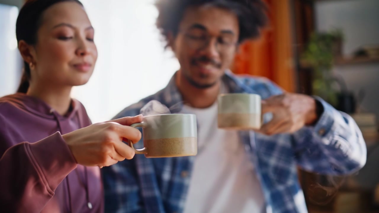 Coppia multietnica che beve caffè in cucina al mattino. Primo piano di mani che tengono tazze fumanti.