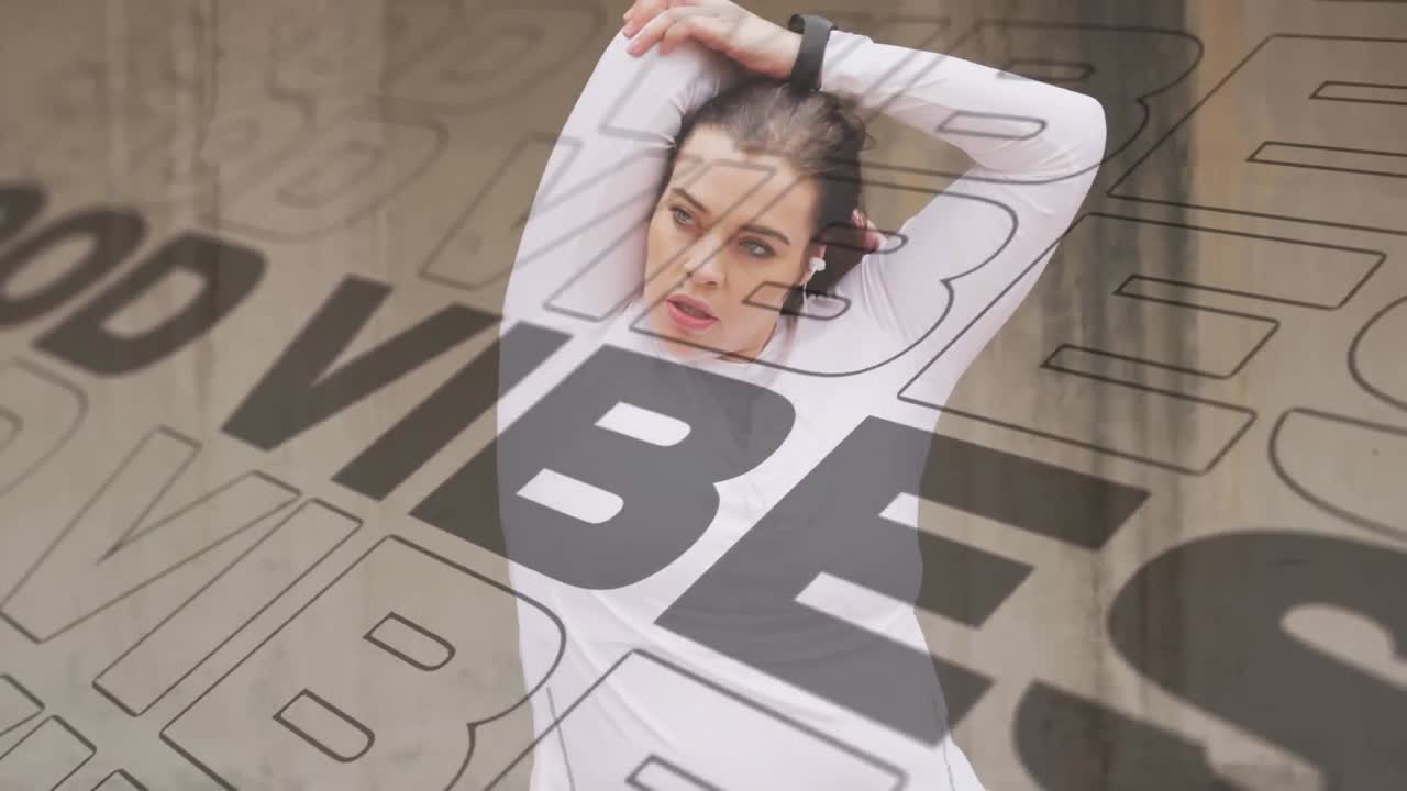 Animation of good vibes text over woman stretching in background