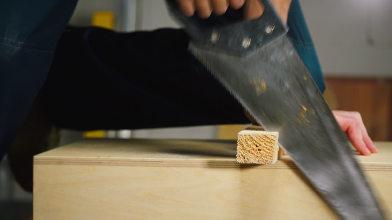 Close Up of Carpenter Sawing Wood with a Hand Saw