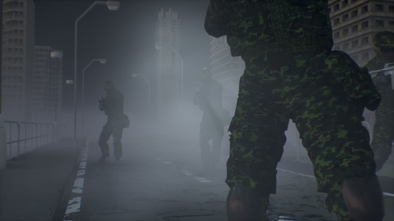 soldados en camuflaje caminan en la niebla por la noche a través de la ciudad en ruinas y disparan. detener la guerra. animación 3d.