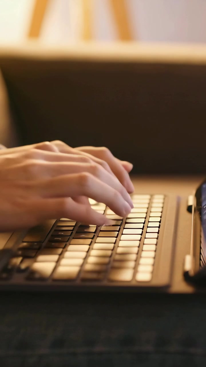 Video verticale: Mani che digitano con maniche chiare, dita che si posano e battono sui tasti della tastiera sul divano per lavoro