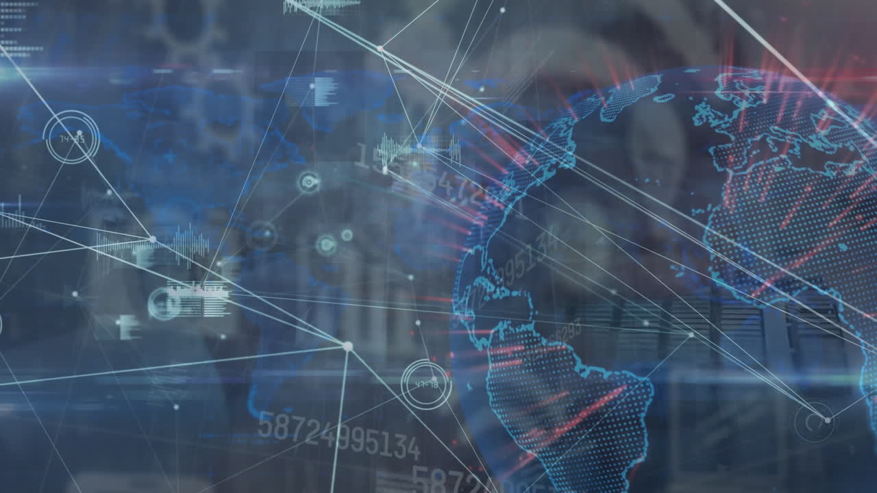 Animación de globo sobre procesamiento de datos y empresario caucásico usando computadora