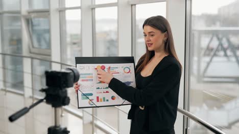 Beautiful-business-girl-gives-a-presentation-while-shooting-at-the-camera-on-a-tripod