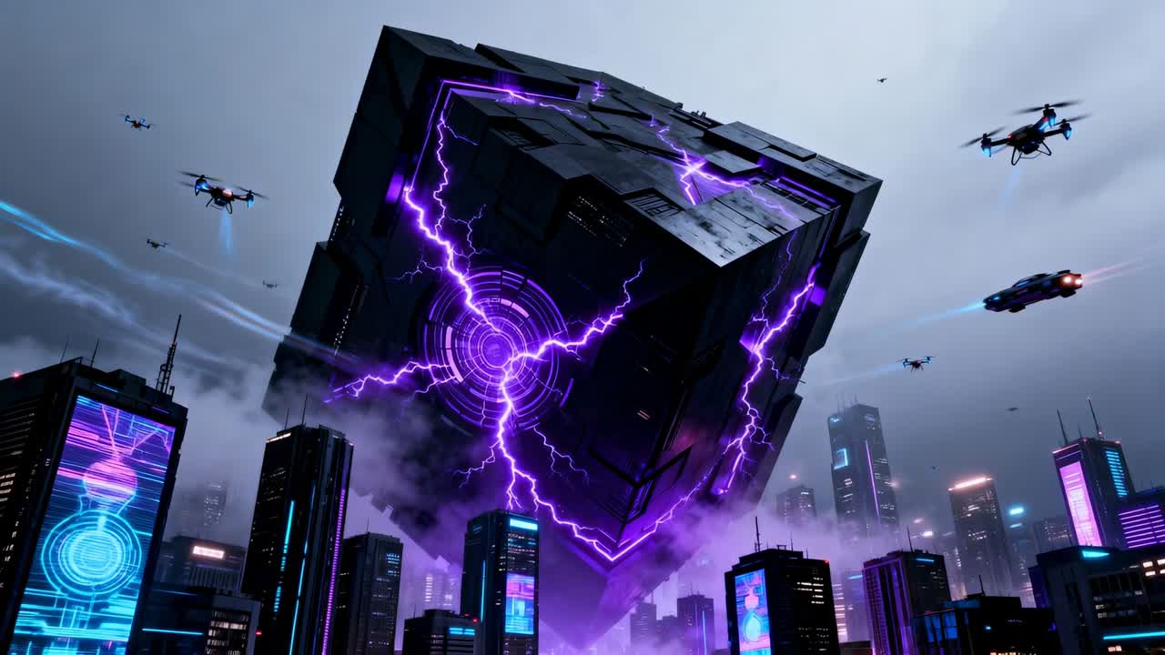 Pulsing ring causing lowering black cube above city center, drones orbiting emitting purple arcs