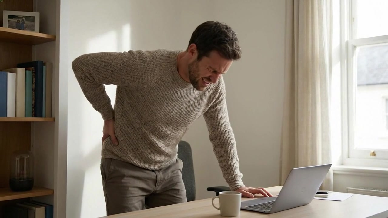 Man pressing painful lower back while standing beside laptop in home interior