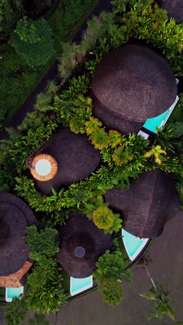 tropical luxury awaits in bali where bamboo villas with pools sit quietly in the jungle near vast ricefields all captured in a dreamy vertical drone video that shows nature and design in harmony.
