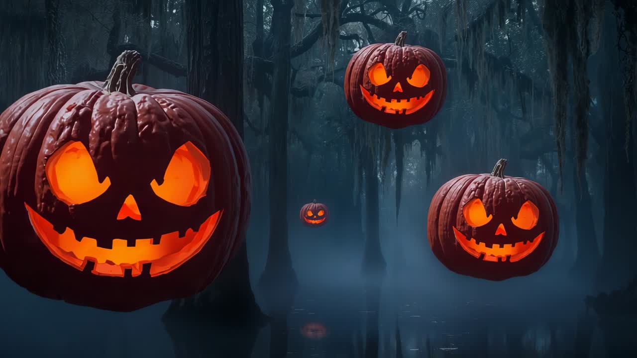Drifting camera at scene opening revealing glowing pumpkins over misty swamp with cypress moss
