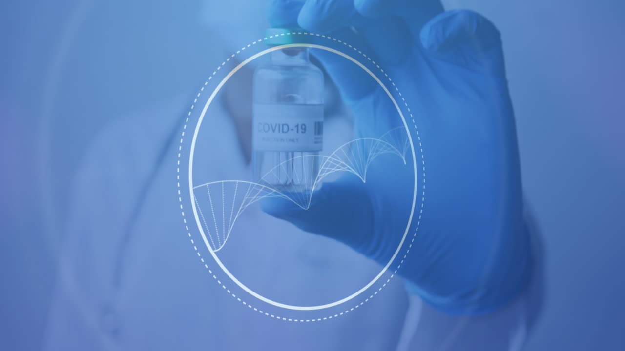 estrutura de dna girando sobre a seção média de uma médica segurando a vacina contra a covid-19