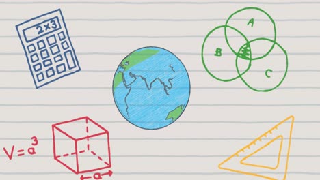 animación de globos dibujados a mano e iconos escolares en papel reglado