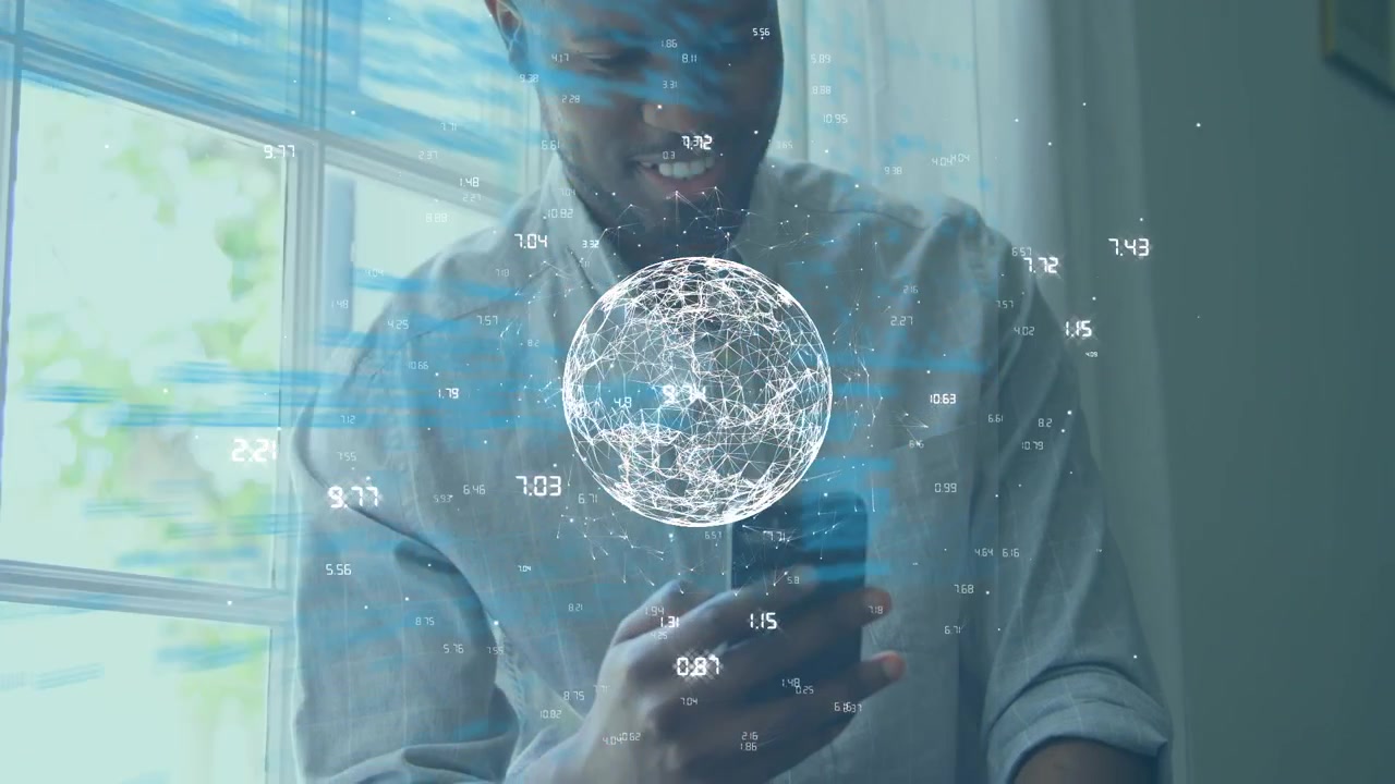 Animation of data and connectoins over happy african american businessman using smartphone