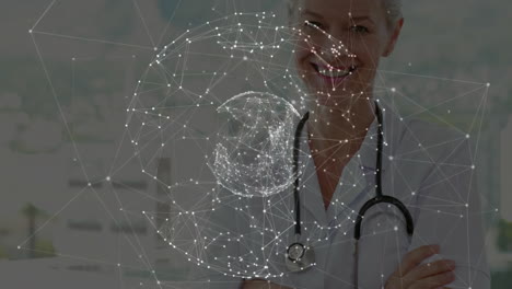 network of connections and data processing animation over smiling doctor in office