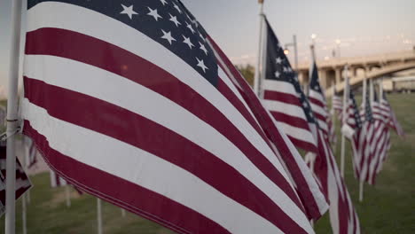 slow motion memorial day celebration flags flapping in front of camera