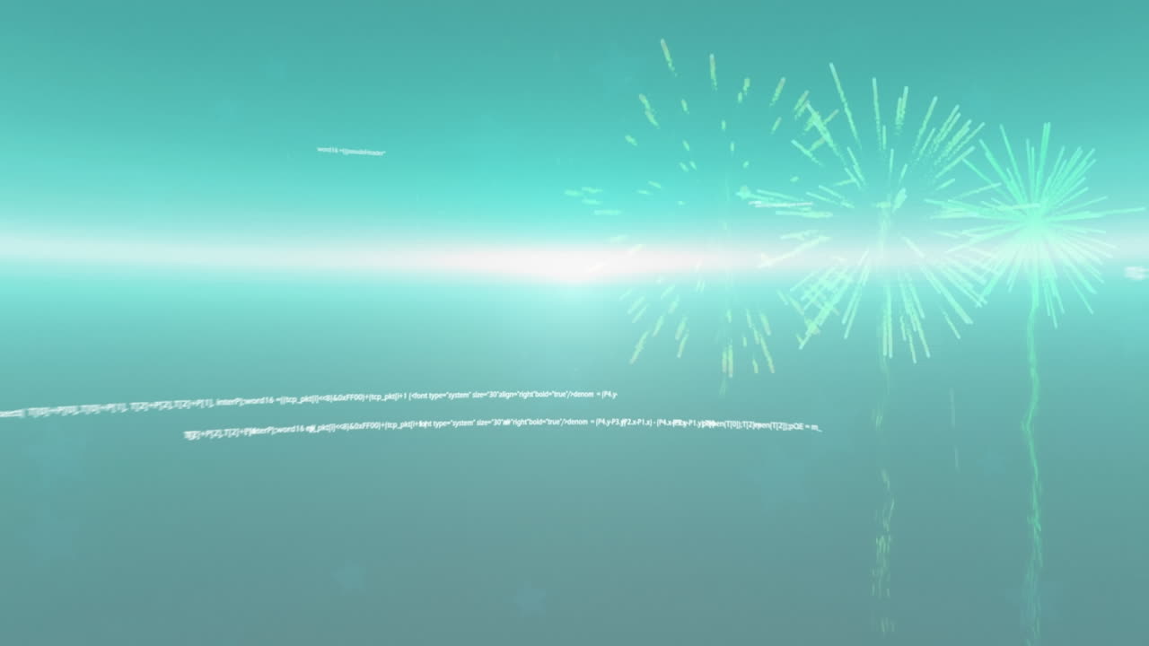 초록색 배경에 불꽃놀이와 데이터 처리의 애니메이션