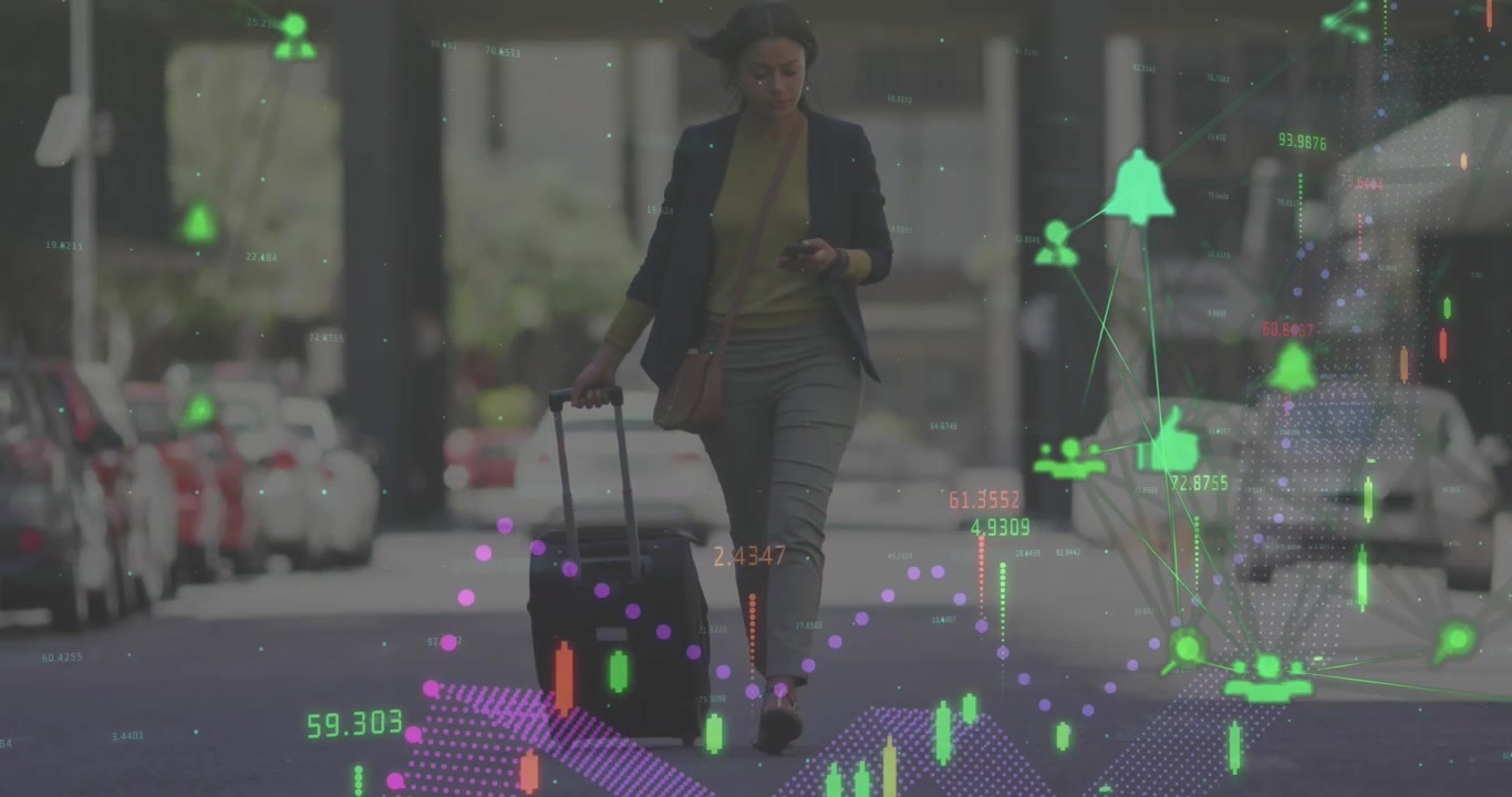 Una mujer caminando con una maleta con ruedas, representando las finanzas globales y el networking