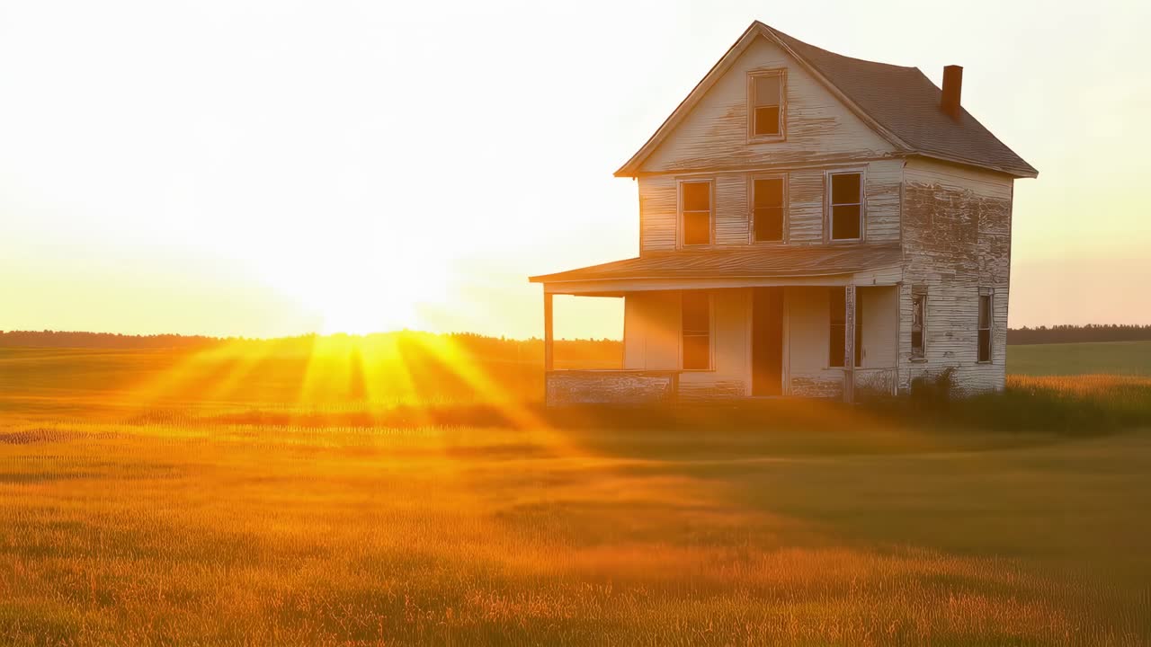 Multiple views of an abandoned farmhouse standing alone in a field during a beautiful sunset, showcasing its weathered exterior and the serene landscape