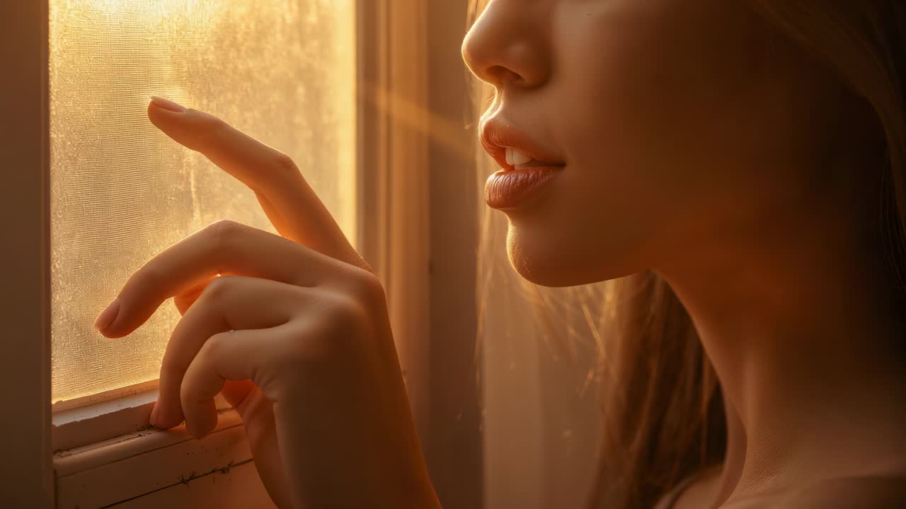 Donna che disegna alla luce del sole, indossa un top con spalline sottili e traccia un vetro polveroso a casa, toccando con la punta delle dita