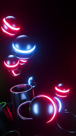 multicolored neon spheres jump out of metal tubes. vertical looped animation