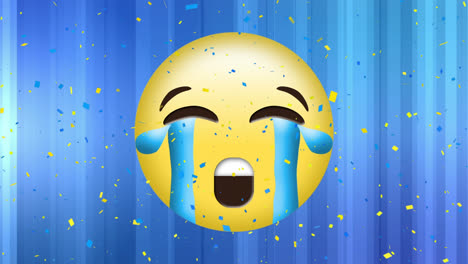 animation of sad emoji icon over falling confetti on blue background