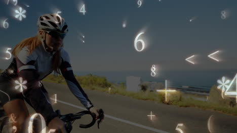 símbolos matemáticos y números que se mueven contra la mujer en bicicleta en la carretera