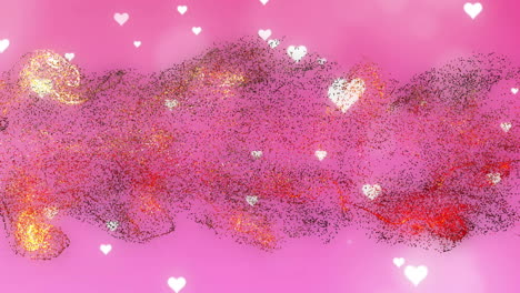 animación de corazones blancos cayendo sobre partículas rojas, amarillas y negras en rosa