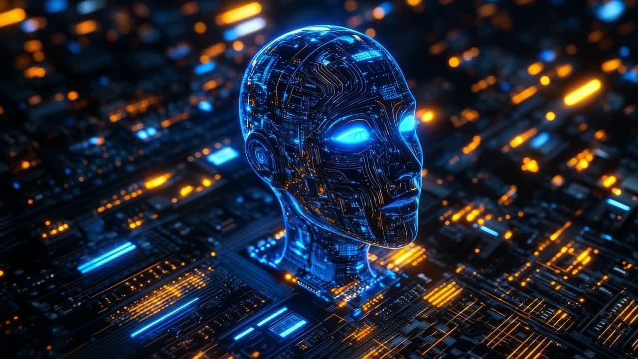 Digital human head with circuits. A glowing digital human head emerges from a vibrant circuit landscape featuring blue and orange lights.