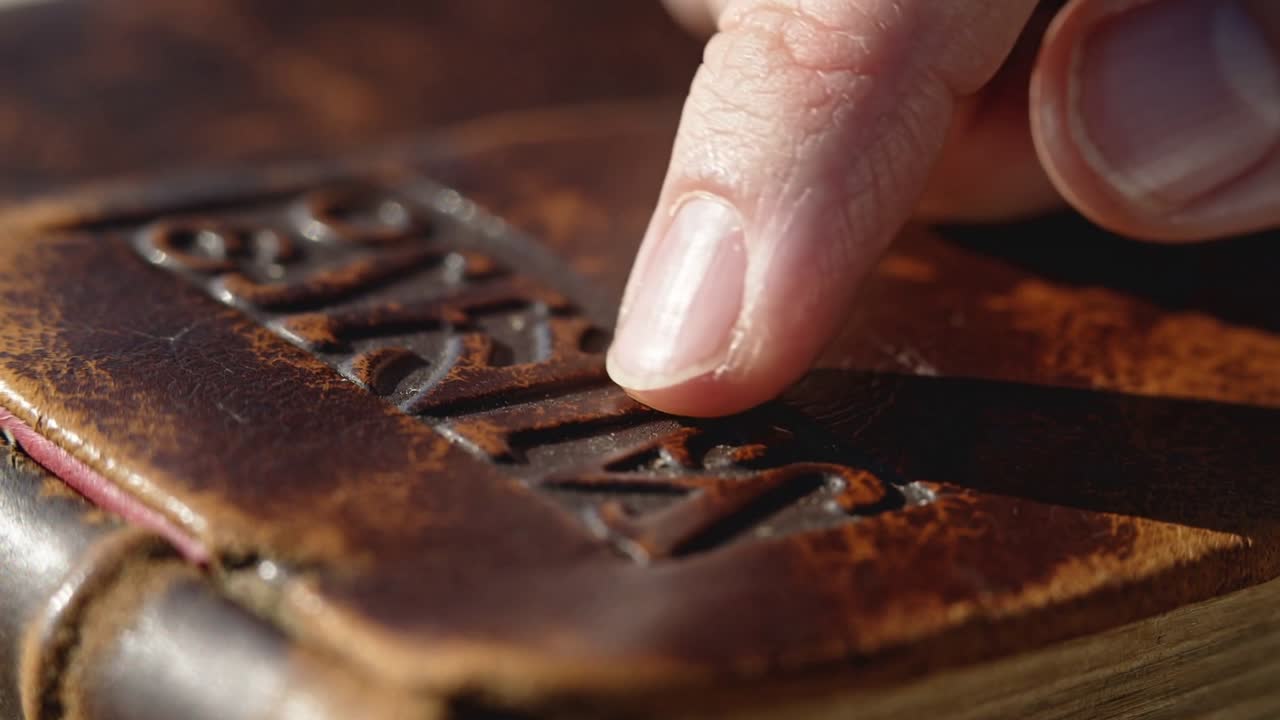 Un doigt nu s'approchant, traçant des lettres en relief sur un livre en cuir posé sur une table, inspectant la texture