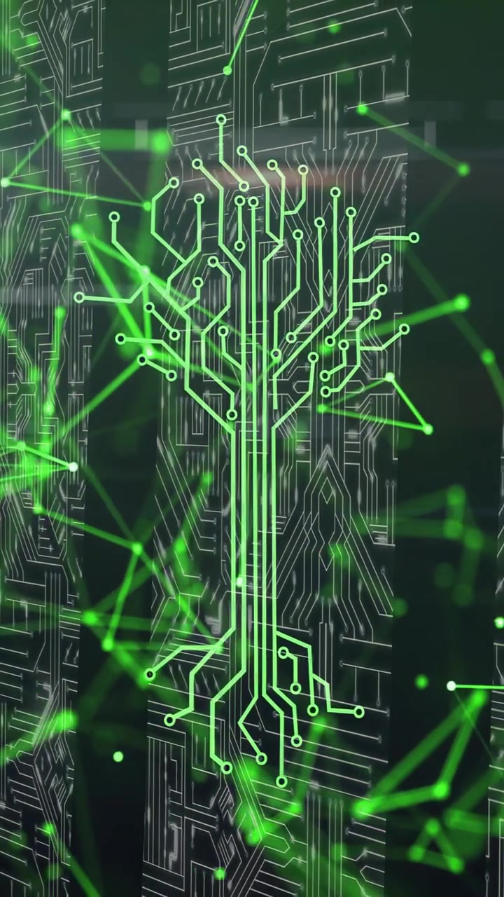 Vertical video: Circuit-tree tracing, pulsing on transparent panel, triggered by neon data nodes