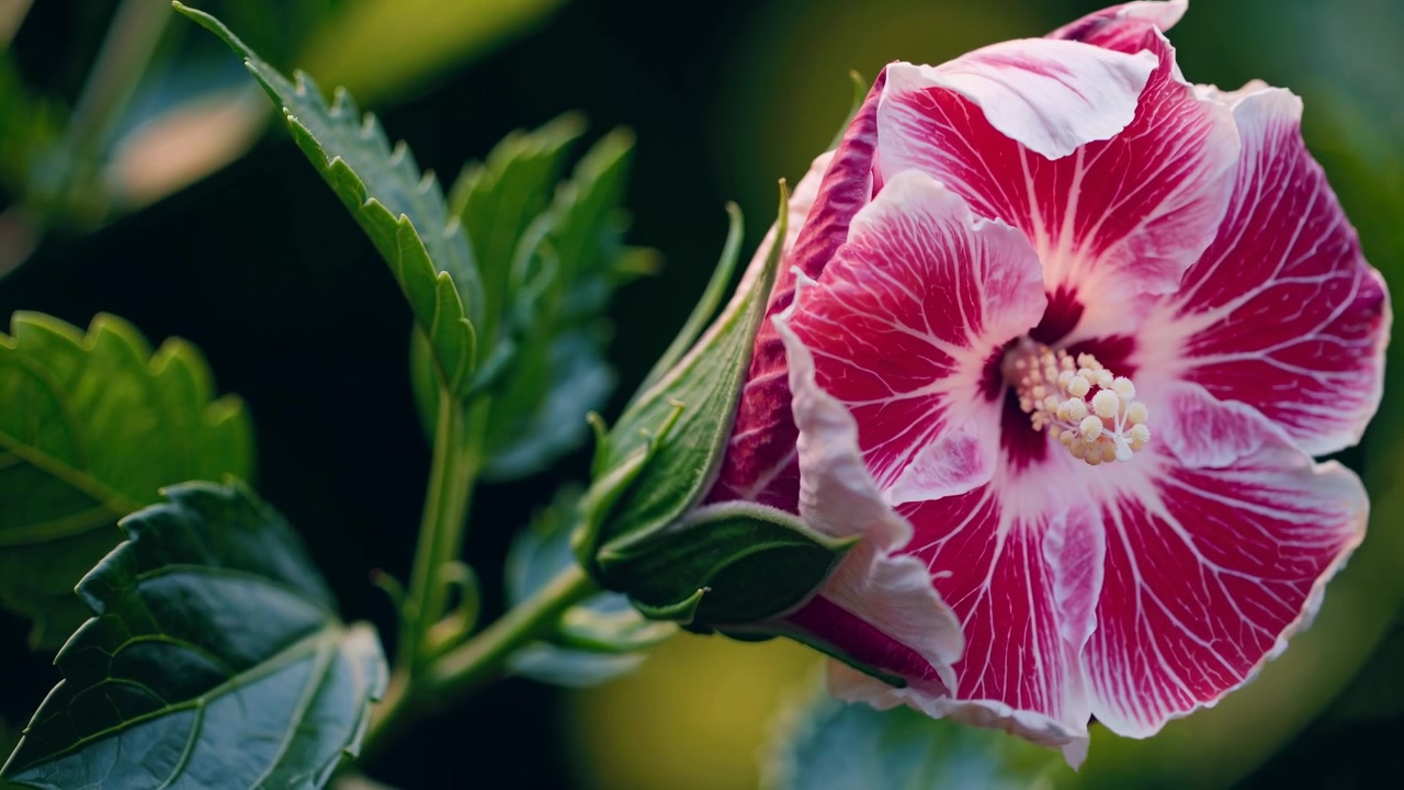 Time-Lapse di un Fiore di Ibisco Rosa e Bianco che Sboccia