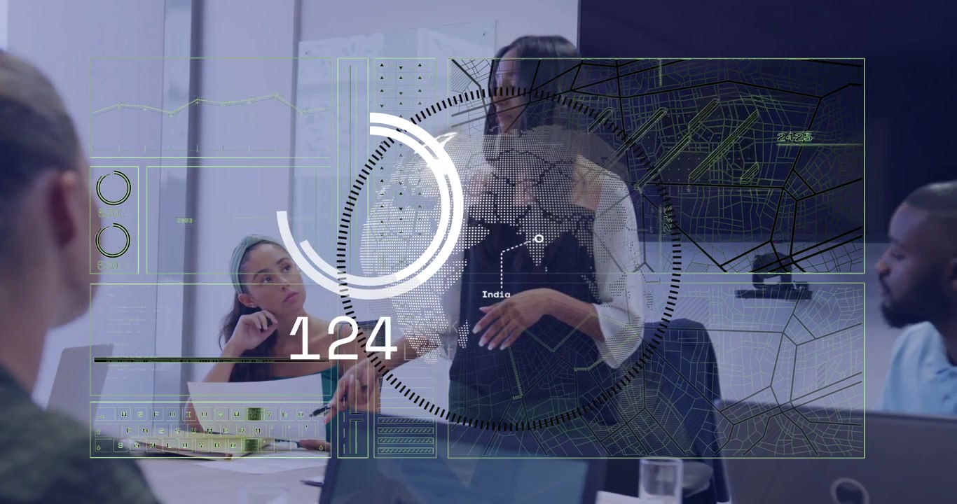 Vertical video: HUD rising spurring standing woman in black dress explaining charts in meeting room