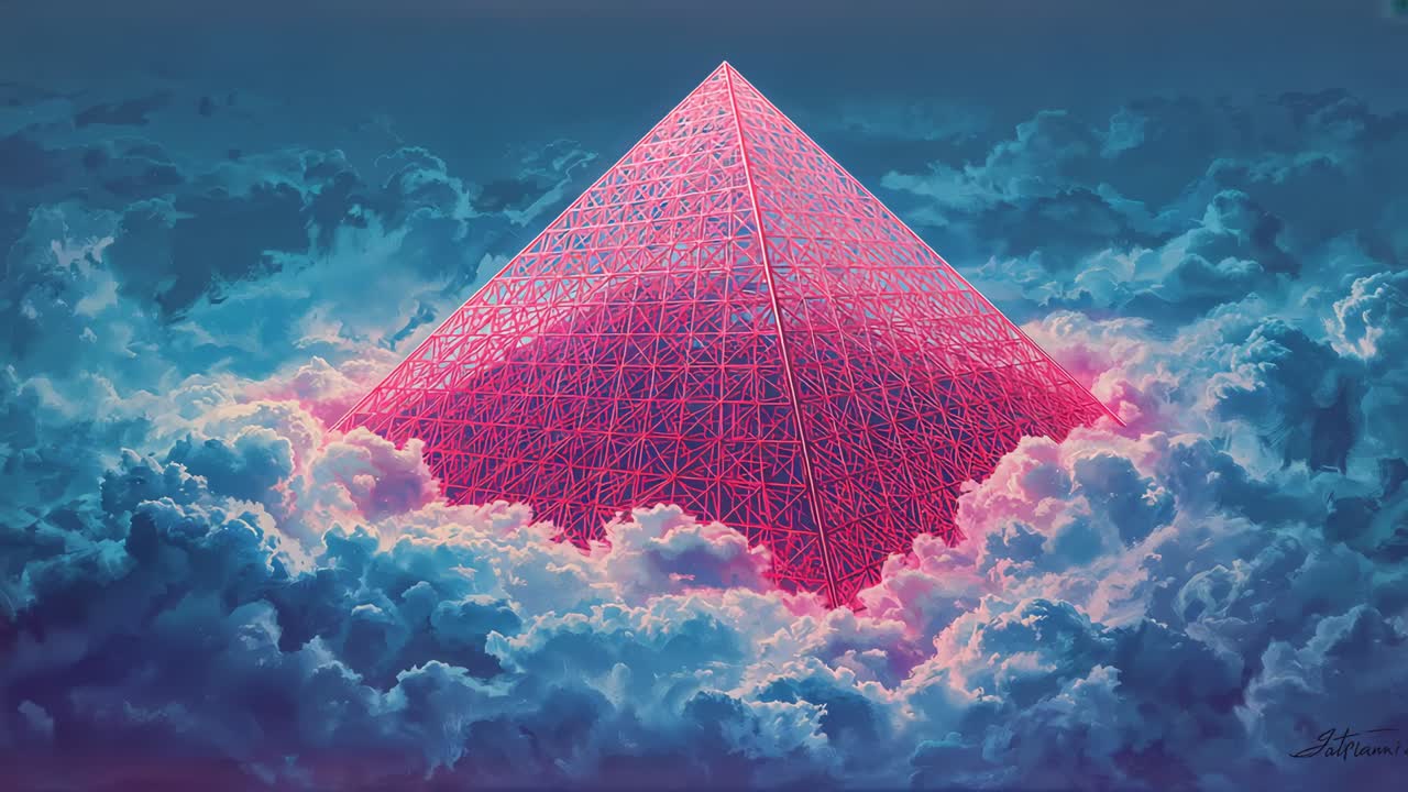 Shifting viewpoint revealing pink lattice pyramid above clouds to reveal base, artist signature