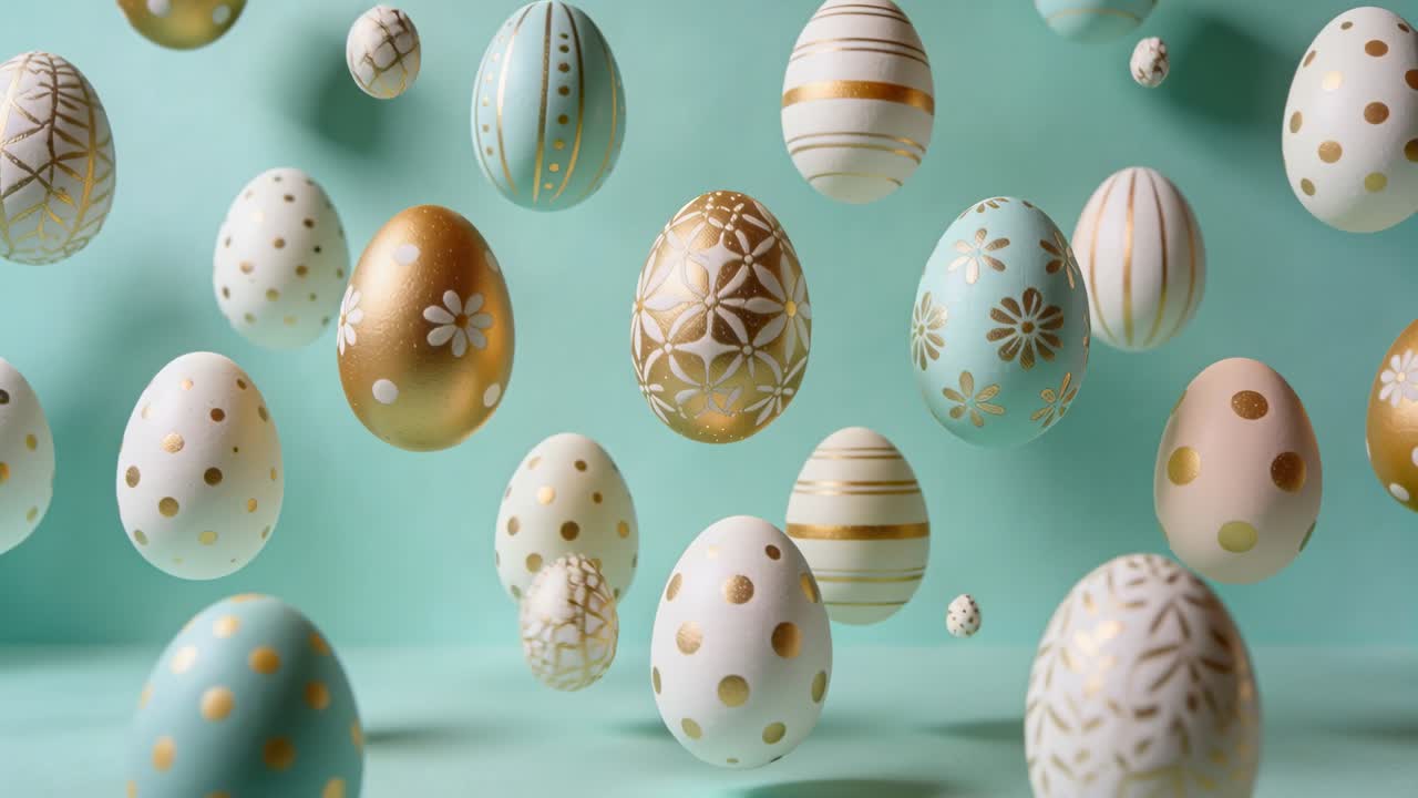 Sequence starting pastel eggs hovering, shifting and rotating on mint backdrop, showing gold detail