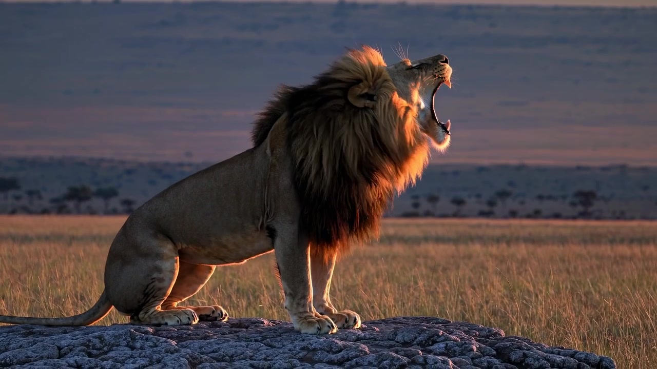 Majestátní řvoucí lev na skále v africké savaně při západu slunce