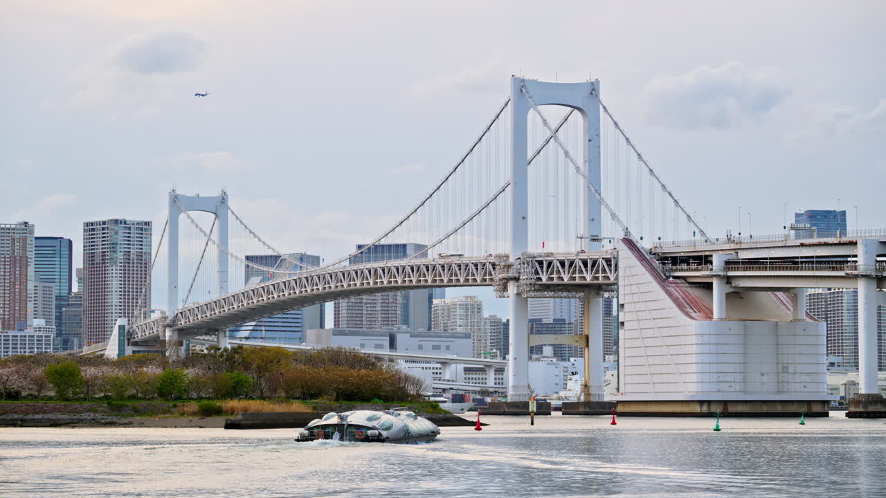 View of the Rainbow Bridge and the skyline of Tokyo, Japan on a cloudy day