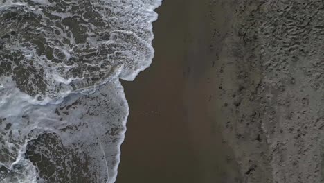 top-down of beach shoreline watching waves roll in