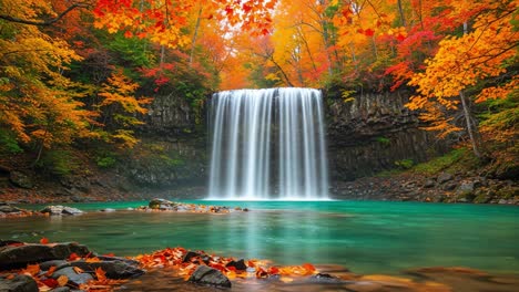 a breathtaking waterfall surrounded by vivid autumn foliage, cascading gracefully into a tranquil pool reflecting the colors of fall