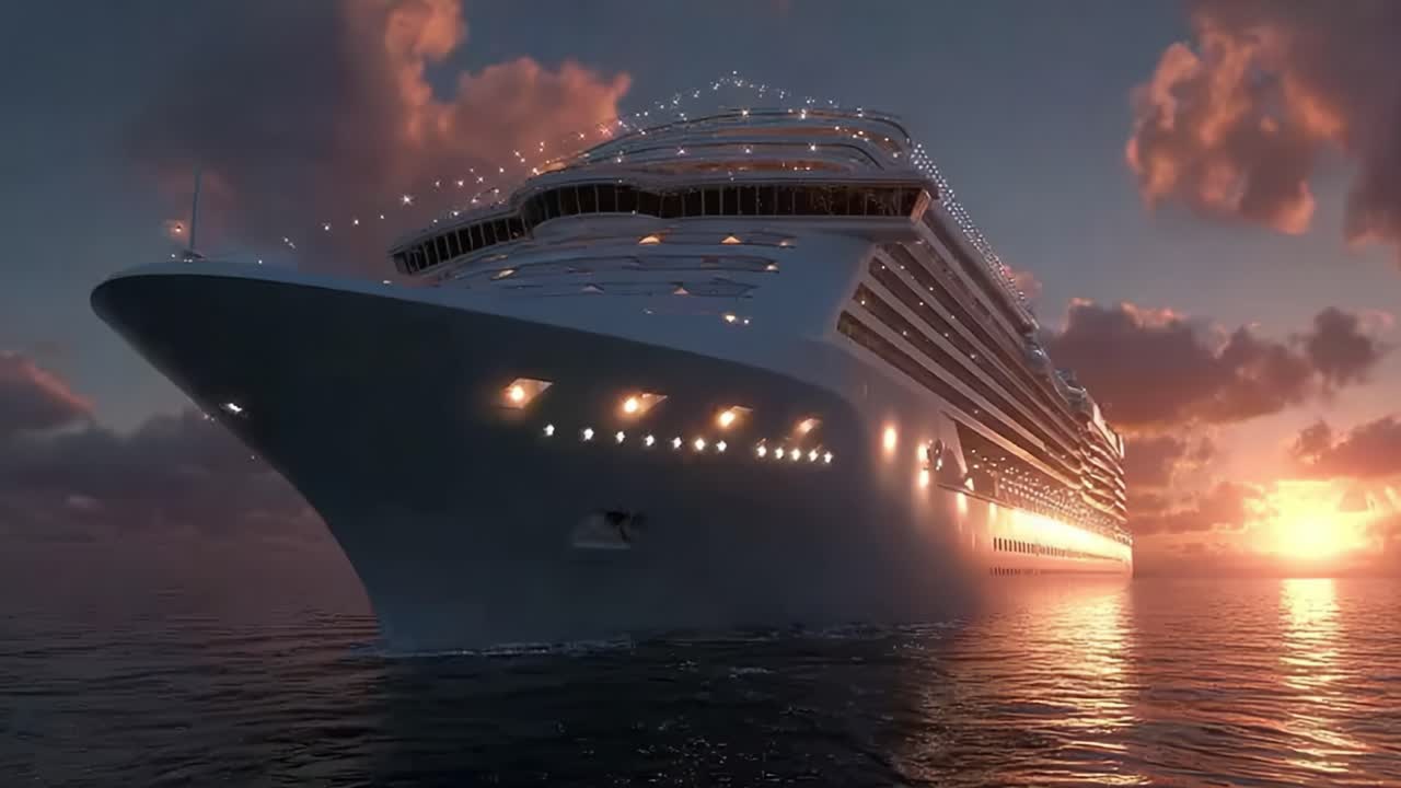 Una maestosa nave da crociera salpa al tramonto, illuminando le tranquille onde dell'oceano e crogiolandosi nel caldo bagliore del sole calante su un bellissimo cielo