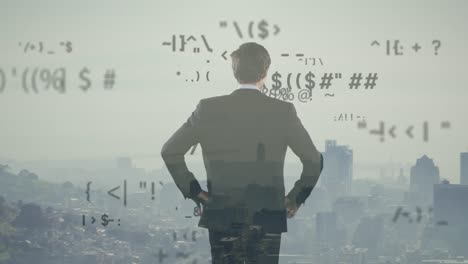 animación de procesamiento de datos y empresario caucásico sobre el paisaje urbano
