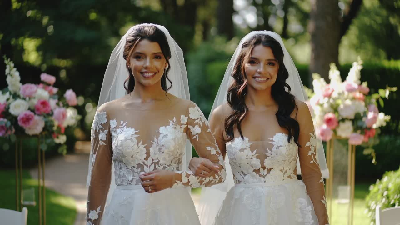 La musique démarre, des mariées marchant bras dessus bras dessous dans une allée de jardin, avec des voiles, des robes en dentelle et des arrangements floraux.